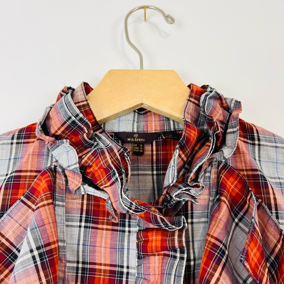 Mulberry Red and Blue Tartan Check Ruffle Front Classic Cotton Shirt UK 16 - Picture 8 of 13